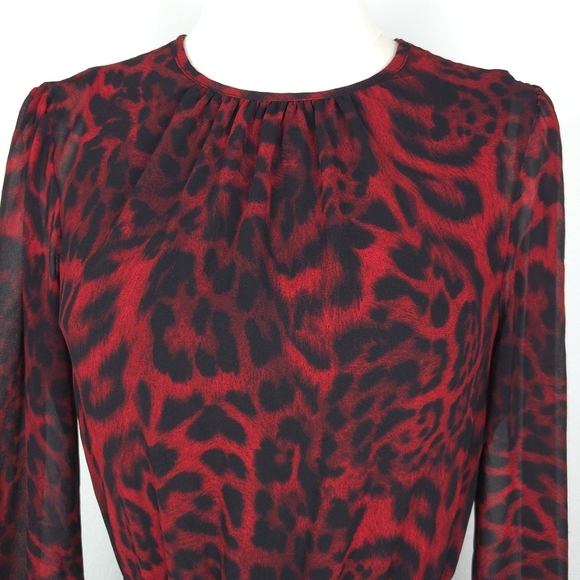 Michael Kors Red & Black Leopard Chiffon Long Sleeve Mini A-Line Dress - Picture 4 of 8